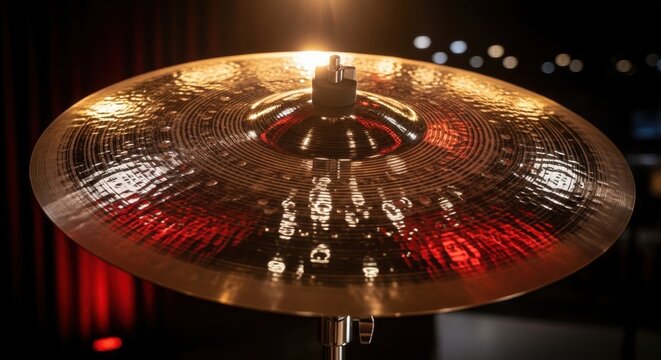 A Polished Bronze Drum Cymbal Reflecting Warm Lights on a Stand, Showcasing Intricate Textures
