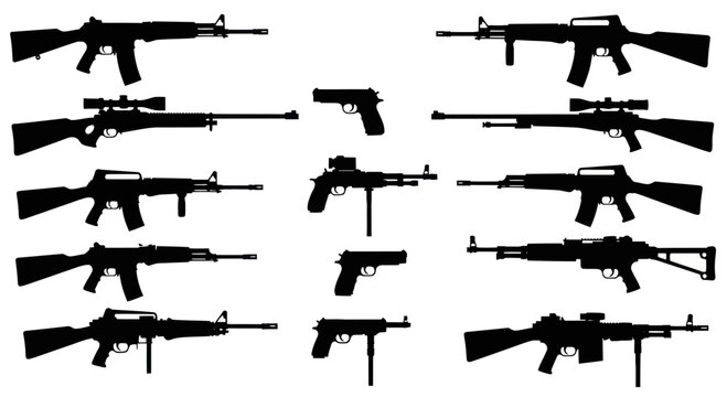Collection of Diverse Firearm Silhouettes: Rifles and Pistols