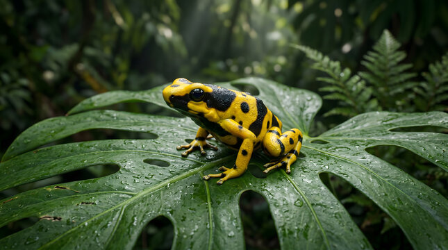 Vibrant Yellow Poison Dart Frog on Wet Rainforest Leaf