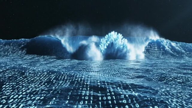 Abstract Digital Ocean Wave with Binary Code - Data Flow Concept