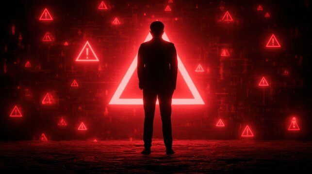 A silhouetted figure stands before a glowing red triangle and multiple warning symbols in a dark, digital environment.