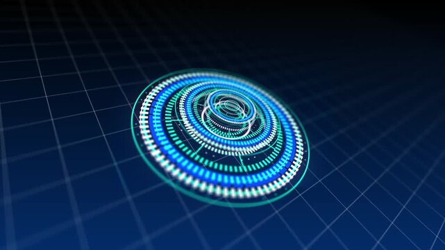 Futuristic Neon Blue Digital Interface Displaying Complex Data And Information On A Grid Background