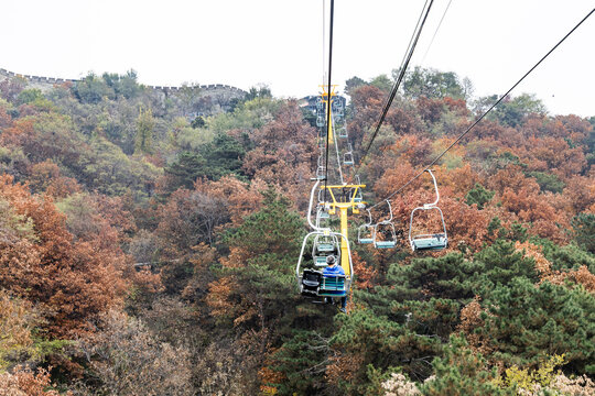 Chair lifts transporting tourists onto the Mutianyu section of the Great Wall of China
