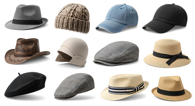 A collection of various stylish hats on display including fedoras, bowlers, and panamas.