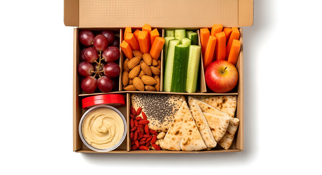 A person prepares a healthy snack box with fresh vegetables, fruits, nuts, and seeds on a table indoors.
