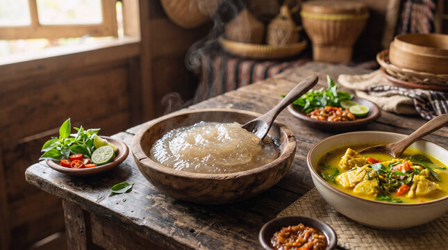 Authentic Papeda sago dish with realistic Indonesian culinary detail for tourism campaigns, cultural education, restaurant branding, and heritage food promotions.