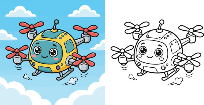flying robot drone cartoon vector illustration lineart and clipart for children coloring book