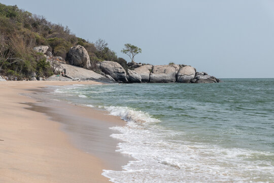 View of the beach and rock mountain view of Hua Hin, Thailand.
