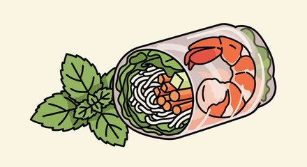 Colorful cartoon spring roll with shrimp, noodles, vegetables, and mint leaves © Ahmad