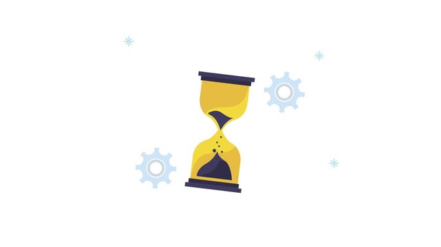 Hourglass timer flowing sand showing passage of time with gears and snowflakes.