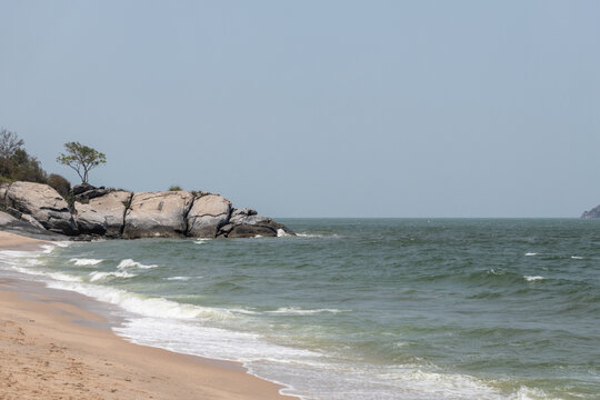View of the beach and rock mountain view of Hua Hin, Thailand.