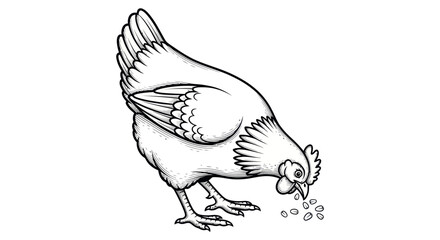 Hand-drawn chicken pecking seeds on white background, farm animal illustration © rofik