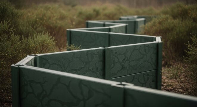 Modular dark green composite garden barriers forming a winding pathway through lush vegetation and textured ground