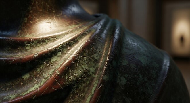 Close-up of a textured ancient artifact with glowing golden light.