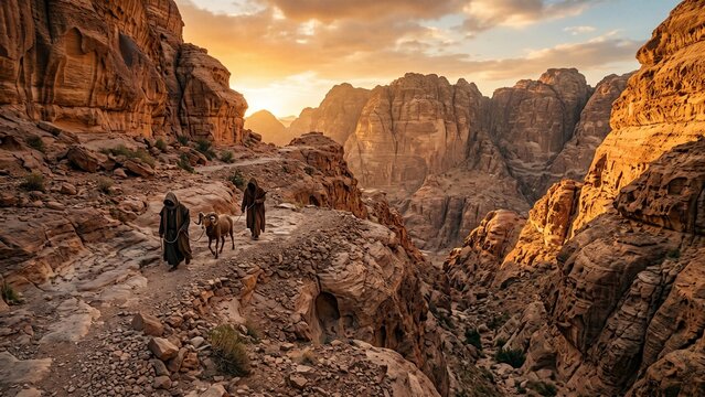 Historical journey of Ibrahim and Ismail through the mountains, symbolizing faith and sacrifice