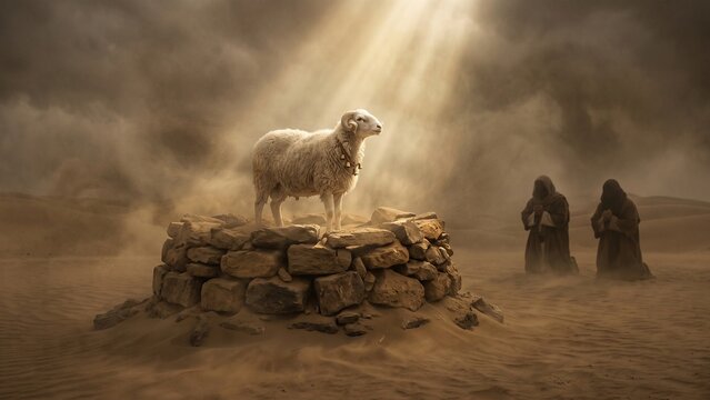 Conceptual depiction of the sacrificial lamb of Ibrahim and Ismail in the desert