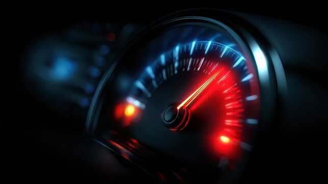 A close-up of a car speedometer illuminated with blue and red lights, showing the needle pointing towards high speed.