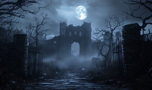 Mysterious Dark Fantasy Landscape Ruined Castle with Moonlit Fog and Dead Forest