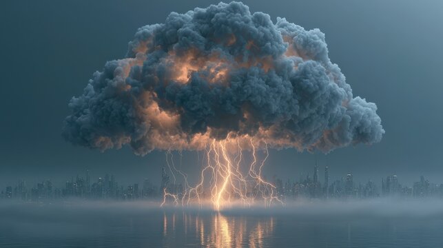 A massive thundercloud hovers over a city skyline, unleashing multiple lightning bolts that illuminate the dark, foggy atmosphere over calm water.