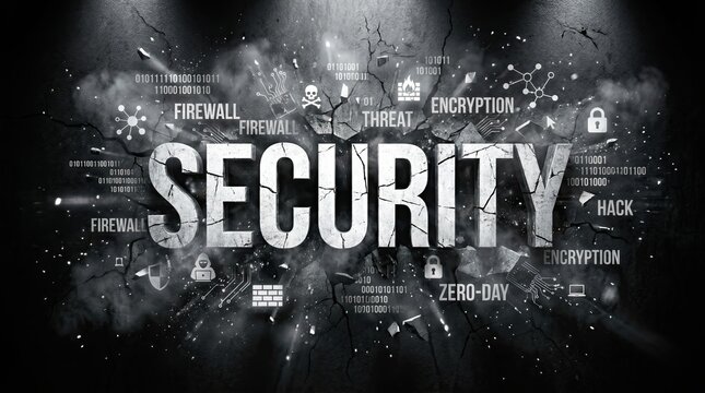 Cyber Security Cracked: The word SECURITY is dramatically displayed, fractured and crumbling, surrounded by icons representing digital threats and defenses like firewalls, encryption, and hacking.