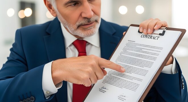 Professional man reviewing business contract documents in office
