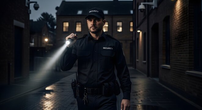 Professional night security guard patrolling urban street