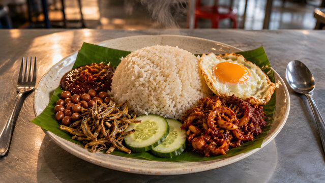 Nasi Lemak with Sambal Sotong and Fried Egg &ndash; Malaysian Coconut Rice
