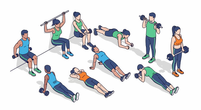 Isometric Fitness Workout Illustration with People Exercising