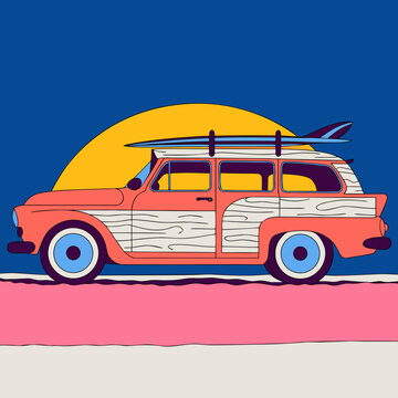 Vintage station wagon with surfboard on top in front of sunset