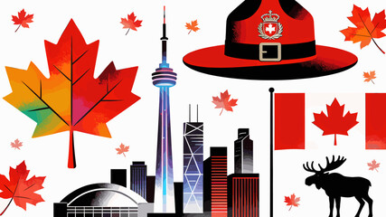 Naklejka premium Vibrant illustration showcasing iconic Canadian symbols including maple leaves, the CN Tower, a Royal Canadian Mounted Police hat, a moose, and the Canadian flag.