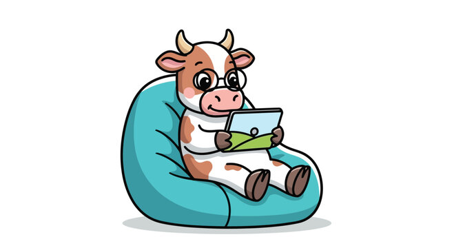 Cute Cartoon Cow Wearing Eyeglasses Sitting On A Blue Beanbag Chair While Holding A Portable Digital Tablet Device For Education Or Remote Work