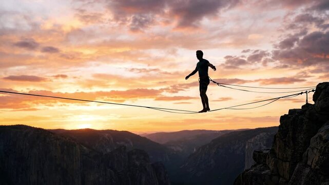 Man tightrope walking at sunset over mountainous landscape  