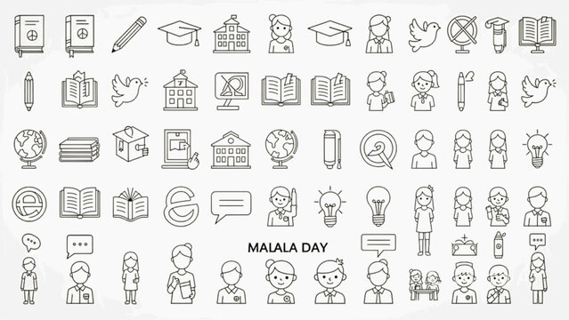 Extensive Vector Icon Set for Education, Learning, and Global Knowledge Advocacy, Featuring Modern Minimalist Line Art Designs Representing Academic Pursuits, Students, Teachers, and Books