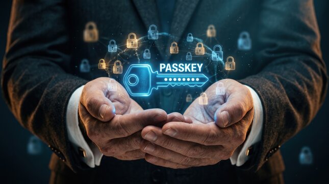 Secure Hands: A person cradles a glowing, digital passkey, symbolizing security and the protection of sensitive data within a modern technology environment.