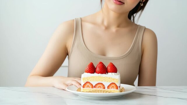 差し出されたショートケーキを拒否するダイエット中の女性