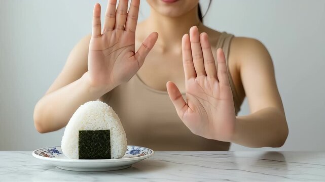 目の前のおにぎりに対して拒絶の手を出す女性
