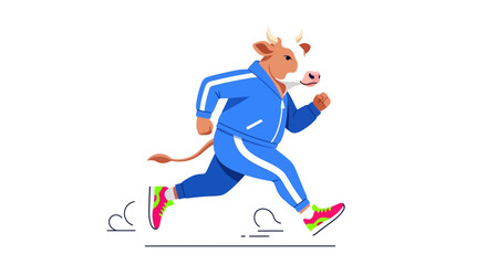 Obraz premium Cartoon cow in blue sportswear running forward to exercise for fitness training session as a funny character isolated on a plain white background