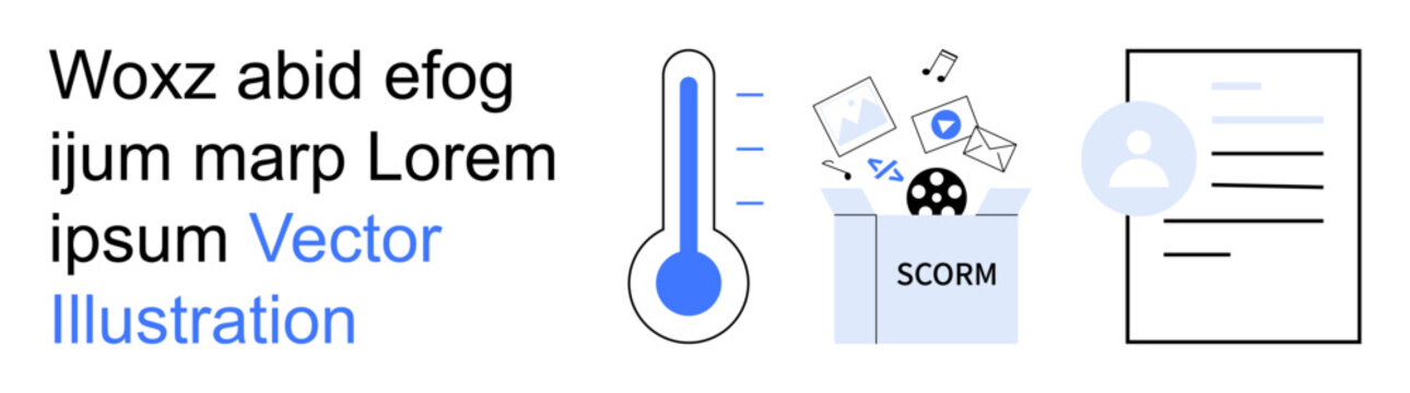 E-learning, digital learning, SCORM technology, user identity, education tools, data presentation. A thermometer, SCORM media box and user icon with document. E-learning and SCORM technology concept