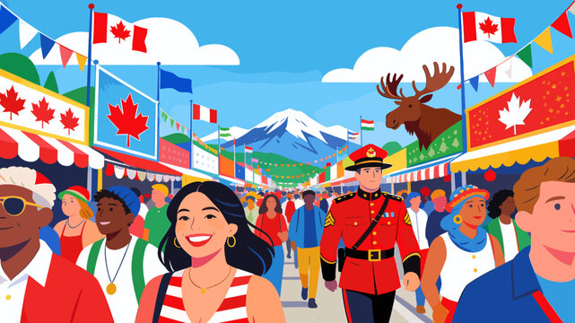 A vibrant Canadian street fair celebrating national pride with diverse people, Mountie, moose, and maple leaf motifs under a bright sky.