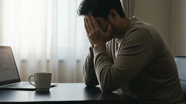 PCの前で顔を覆い、限界を感じて泣く男性