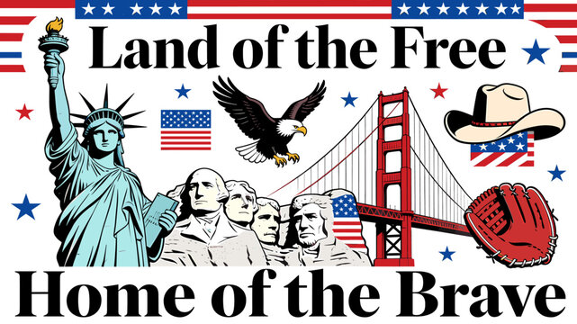 A patriotic banner featuring iconic American symbols like the Statue of Liberty, Mount Rushmore, bald eagle, Golden Gate Bridge, and baseball glove, with text "Land of the Free Home of the Brave".
