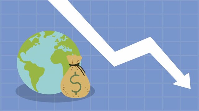 Global economic recession animation with falling white arrow chart and money bag next to earth globe.
