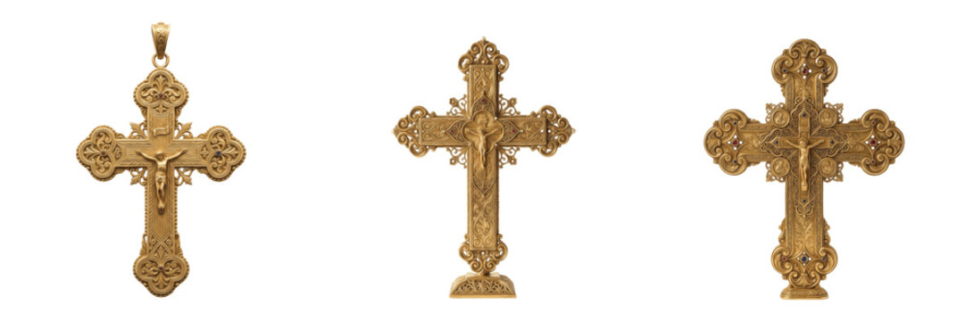 Ornate golden Christian cross crucifix statue isolated element transparent PNG