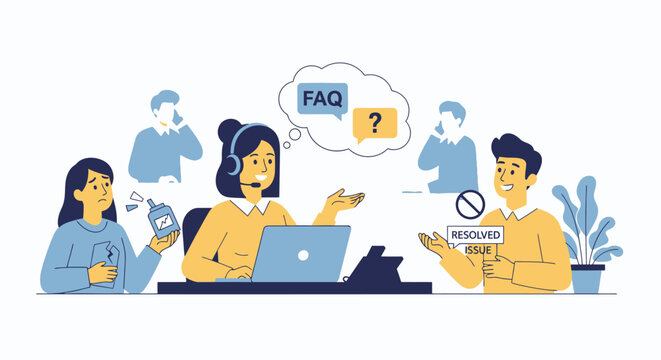 Business support team helping client with frequently asked questions