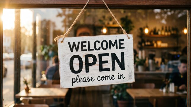 Open for Business: A welcoming cafe storefront with a charming Welcome Open sign, inviting patrons to enjoy a warm and inviting atmosphere, symbolizing the spirit of enterprise.