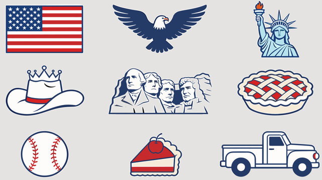 A collection of iconic American symbols including the flag, eagle, Statue of Liberty, cowboy hat, Mount Rushmore, pie, baseball, cake, and a pickup truck.