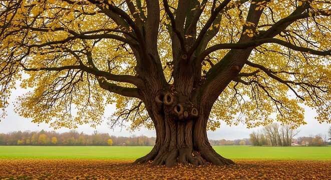 Majestic tree with vibrant autumn foliage stands in a wide open field