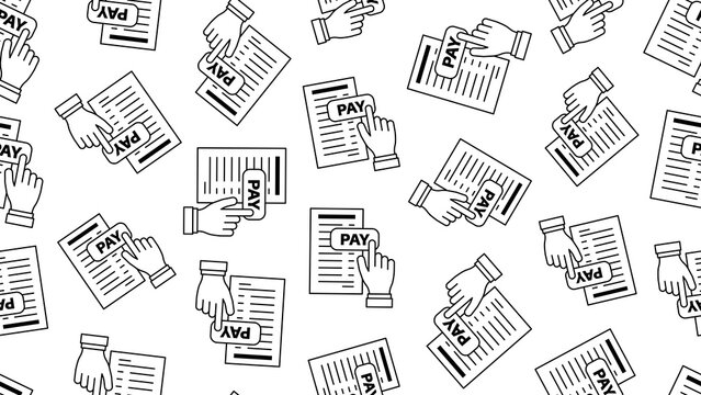 Seamless financial pattern featuring an outline bill document, an interactive pay button, and a hand gesture above it on a transparent background representing digital payments and the bill payment con