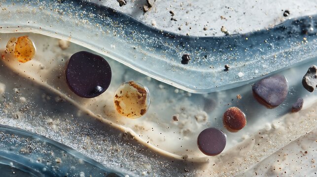 Abstract macro composition with resin and colorful embedded circular objects.