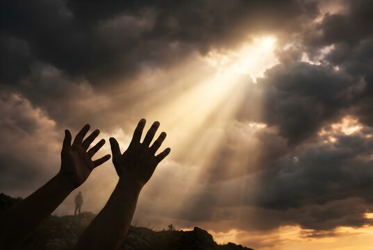 Worship Hands Raised Toward Heavenly Ascension Light